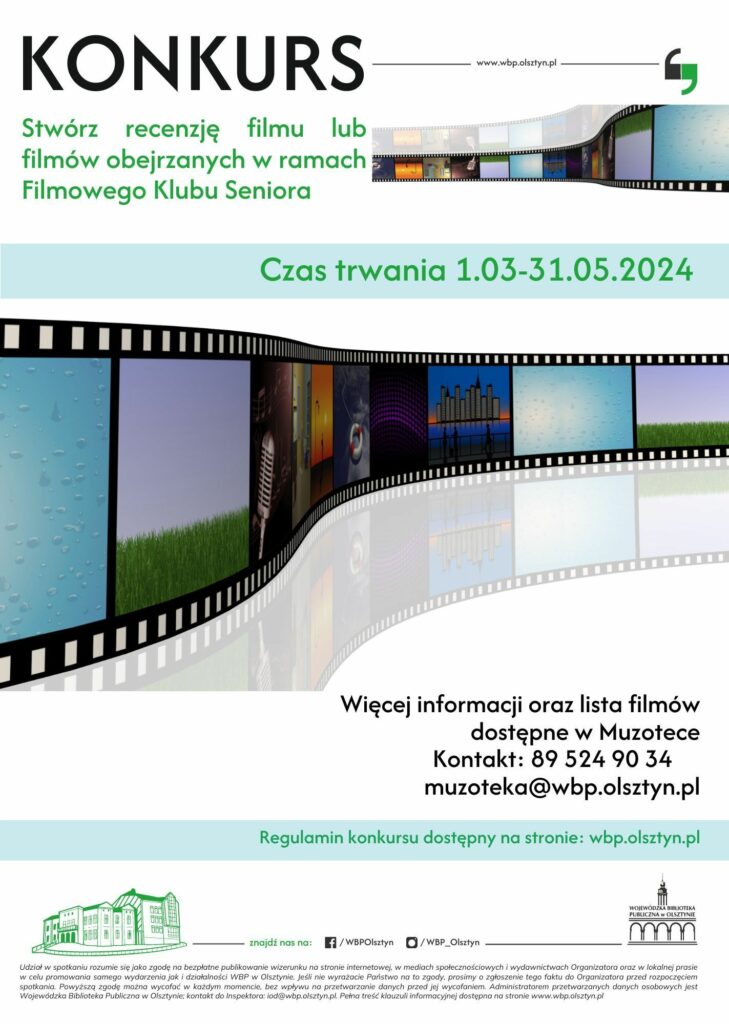 Plakat zawiera informacje o konkursie na recenzję umieszczonym na stronie. Taśma filmowa z ikonami o tematyce filmowej.