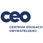 Biało-granatowa grafika z napisem Centrum Edukacji Obywatelskiej. Powyżej dużymi literami CEO.
